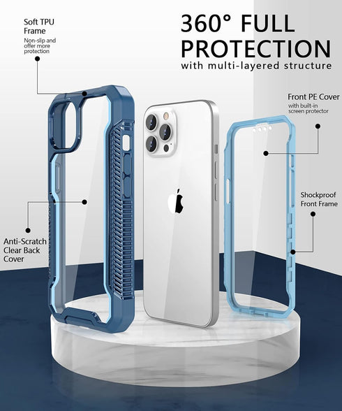 ANSHOW for iPhone 12/12 Pro Case, 360 Full Body Rugged Case with Built-in Screen Protector, Hard PC Clear Back with Soft Silicone Bumper, Wireless...