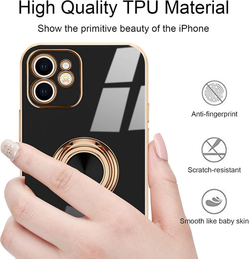 for iPhone 12 Phone Case with 360° Rotatable Finger Ring Holder Kickstand Magnetic Shiny Gold Plated Edge for Women Men Shockproof Soft TPU Protec...