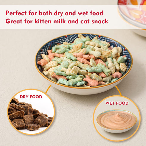 5.5 inch Wide Shallow Cat Food Bowl Set for Relief Whisker Fatigue -Ceramic - 6 Colorful Cute Small Flat Kitten Feeding Dish/ Dishes - Microwave a...