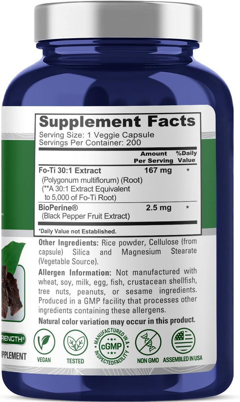 NusaPure Fo-Ti 5000mg per Veggie Caps, 200 Count, He-Shou-Wu Root, Traditional Herb, Non-GMO, Vegan, Bioperine...