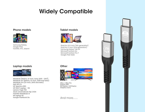 MANHATTAN USB 4 Cable – 6.6 ft - 240W Fast Charging USB C Cord, 40 Gbps High Speed Data Transfer, Supports 8K HD Display, Braided – 3 Yr Mfg Warra...