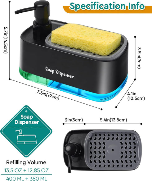 Kitchen Dish Soap Dispenser Set?Dish and Hand Soap Dispenser with Sponge Holder, 3-in-1 Countertop Sponge Dual Soap Pump Dispenser for Kitchen Sin...