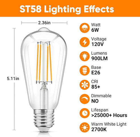 WIHTU LED Filament Light Bulbs, Bright Vintage 6W LED Edison Bulbs 60W Equivalent, St58 2700K Warm Light Bulbs with CRI 85+, E26 Standard Base, 90...