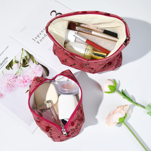 2 Pieces Red Rose Makeup Bag Large Cosmetic Bag Capacity Canvas Travel Toiletry Bag Organizer Cute Makeup Brushes Aesthetic Accessories Storage Ba...