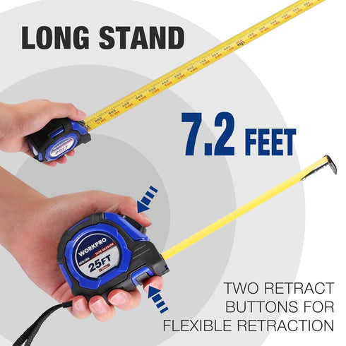 WORKPRO 25FT Auto-Lock Tape Measure, 1/8 Fractions Easy Read Measuring Tape, Double Stop Measurement Tape Accuracy 1/32 for Engineer,with Magnetic...