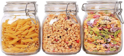ComSaf Airtight Glass Canister Set of 3 with Lids 34oz Food Storage Jar Square - Storage Container with Clear Preserving Seal Wire Clip Fastening ...