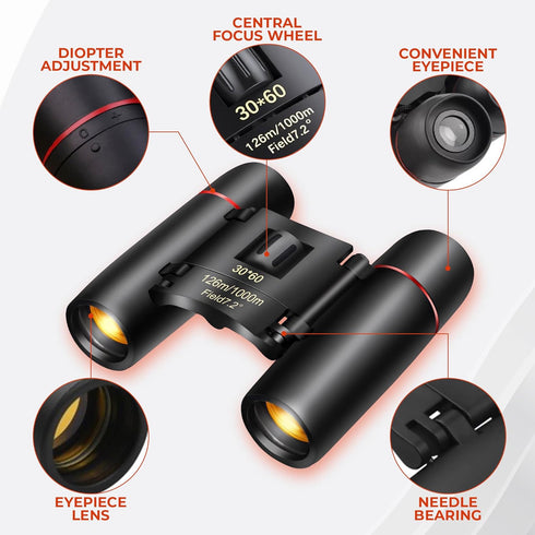 30x60 Travel Binoculars for Bird Watching – Small Binoculars for Adults with 126M/1000M Wide Field of View, 7.2° Angle & Storage Bag – Designed fo...