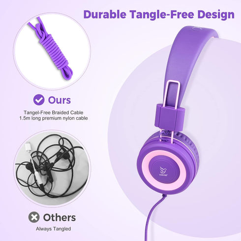 C89 Kids Headphones, Wired Headphone without Microphone, On Ear Headphone with Adjustable, 3.5mm Aux Nylon Cable, Foldable Headphones for School T...