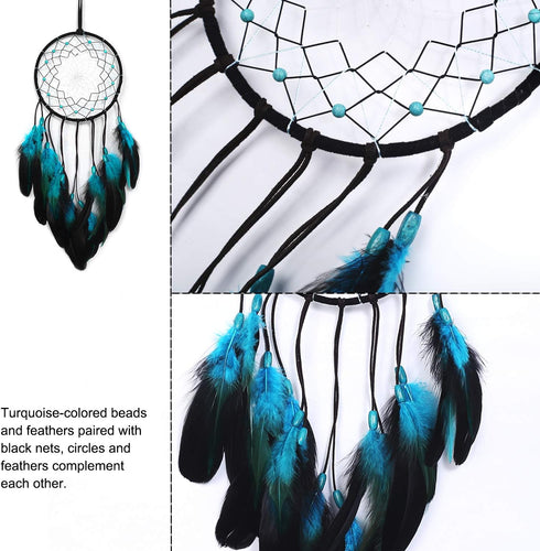 Dream Catcher with Bicolor Mesh, Handmade Dark Tone Dreamcatcher with Black and Turquoise Feather Wall Hanging Decoration...