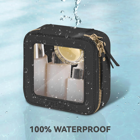 Mini Clear Makeup Bag for Purse Cute Small Travel Cosmetic Bag for Women Waterproof Toiletry Bag Leather Makeup Pouch with Gold Zipper(Black)...