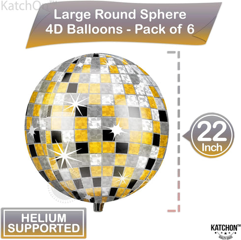 KatchOn, Large Disco Ball Balloons - 22 Inch, Pack of 6 | 4D Sphere Black Silver and Gold Disco Balloons for Bachelorette, Disco Party Decorations...