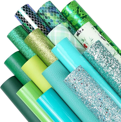 16 Pieces 8x6 Inch New Contrast Colors Blue Green Series Faux Leather Fabric Sheets Include Litchi Fine Chunky Glitter Panda Mermaid Scale Snake T...