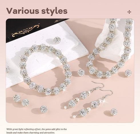 105pcs 10mm Rhinestone Beads for Crafting, White Shiny Round Shamballa Disco Ball Beads Bulk, Fancy Sparkle Crystal Clay Bead for Necklace Bracele...