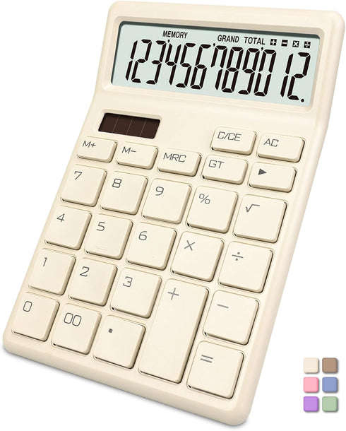 Standard Calculator 12 Digit,Beige Desktop Dual Power Battery and Solar,Desk Calculators with Large LCD Display,Perfect for Home, Office,and Schoo...