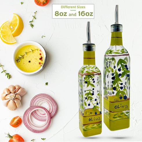 Hand Painted Glass Oliva Branch Oil/Vinegar Glass Cruet for Kitchen, 8 oz Olive Oil Dispenser With Stainless Steel Spout for Easy Pouring...