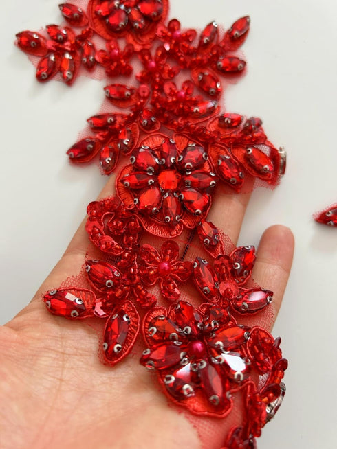 1 Pair Rhinestones Lace Applique Accessories Handsewing Glass Beads Stones Trim Patches for DIY Girl Wedding Dress Decorations (Red)...
