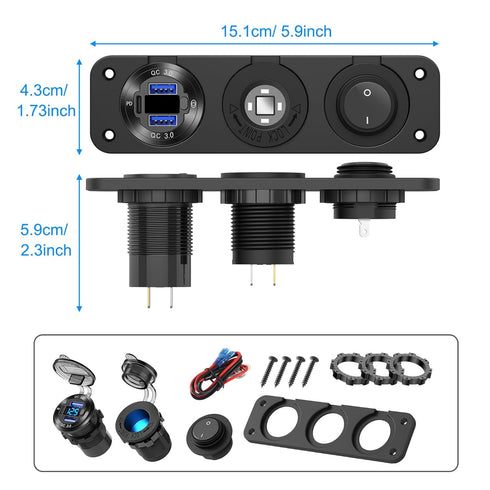 12V USB Outlet Boat Accessories Marine Switch Panel Plug, PD3.0 and Dual QC3.0 USB Ports Aluminum Car Charger with Voltmeter, Lighted 150W Cigaret...