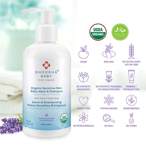 SHOOSHA Organic Sensitive Skin Baby Wash and Shampoo, 8.5oz Baby Shampoo and Body Wash, Hypoallergenic Baby Body Wash, Tear Free Shampoo Safe for ...