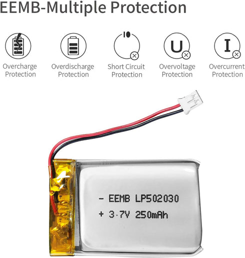 EEMB Lithium Polymer Battery 3.7V 250mAh 502030 Lipo Rechargeable Battery Pack with Wire JST 2.0mm Connector for VXI Blue Parrott- Confirm Device ...