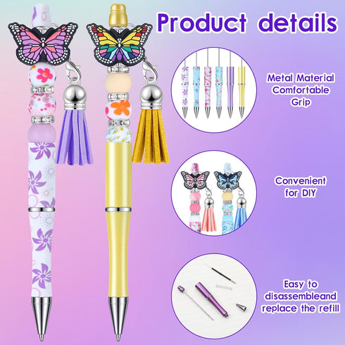 12 Pcs Plastic Beadable Pens Butterfly Themed Bead Ballpoint Pen with Assorted Spacer Beads Silicone Beads Tassels Lobster Clasps and Packaging Ba...