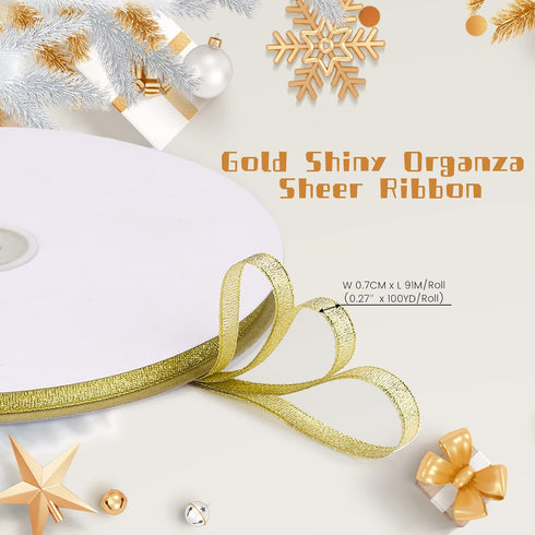 molshine 100yd 1/4" Gold Shiny Organza Sheer Ribbon,Metallic Glitter Ribbons for Gift Wrapping,Bows,Crafts,Garland,Bouquet,Holiday Wedding Party D...