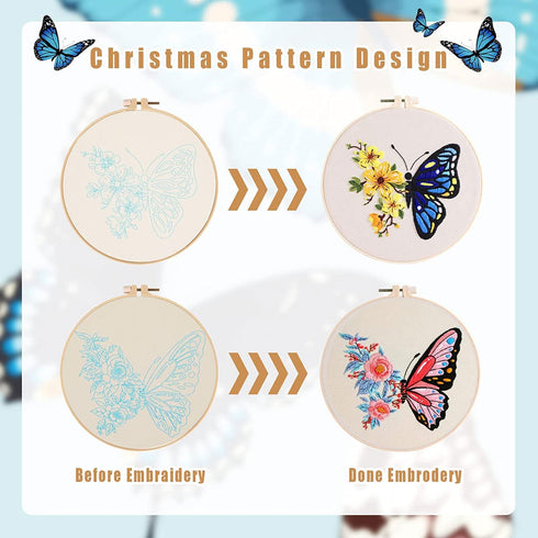 GLTAYLMY 3 Pack Embroidery Kits with Butterfly Pattern for Beginner Adults,Cross Stitch Kits with 1 Plastic Embroidery Hoops,Needles and Color Thr...