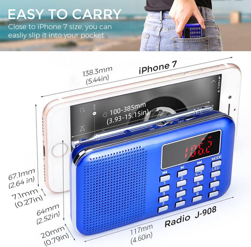 PRUNUS Mini Portable Radio AM FM Pocket Radio with MP3, LED Flashlight, Digital Radio Speaker Support Micro SD/TF Card/USB, Auto Scan Save, 1200mA...