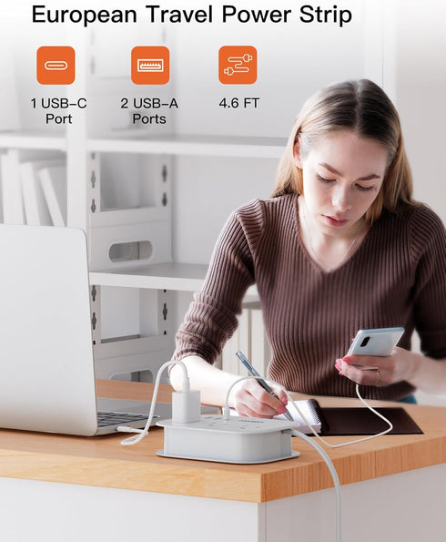 European Travel Plug Adapter USB C, Popowell International European Plug Adapter, 4 FT Travel Power Strip with 3 Outlets & 3 USB, Type C Power Ada...