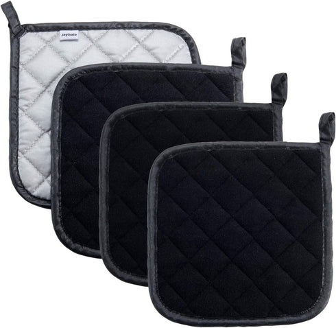 Joyhalo 4 Pack Pot Holders - Heat Resistant Oven Hot Pads, Terry Cloth, Black...