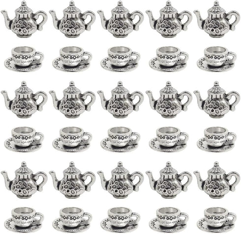 30 Pcs Metal Teapot Tea Cup Charms Pendants Mini Coffee Mug Pendants Vintage Tea Kettle Charms Bulk Pendant for DIY Crafts Bracelet Earrings Neckl...