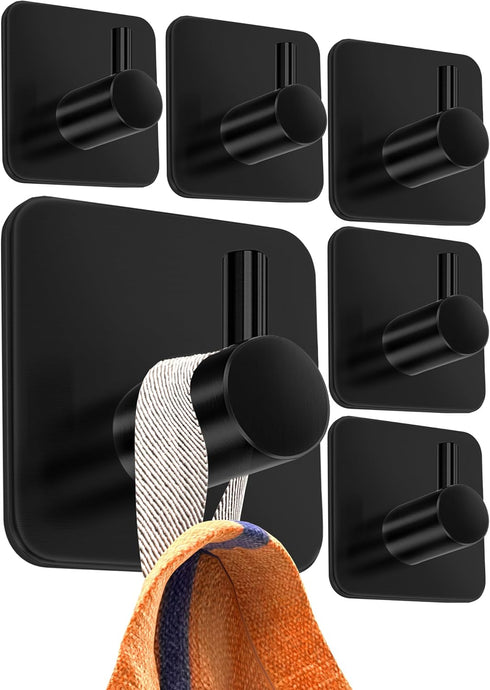 Towel hooks for bathrooms, Set of 6 - Black adhesive hooks, durable adhesive wall hooks - Strong adhesive towel hooks, stick on hooks...
