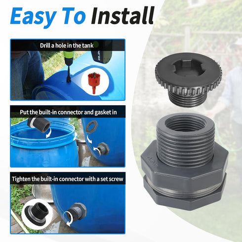 Bulkhead Adapter Fitting for Rain Barrels Spigot Connector, 4 PCS Garden Water Tank Hose Adapter Kit with Rain Barrel Overflow Spigot Plug and Hol...