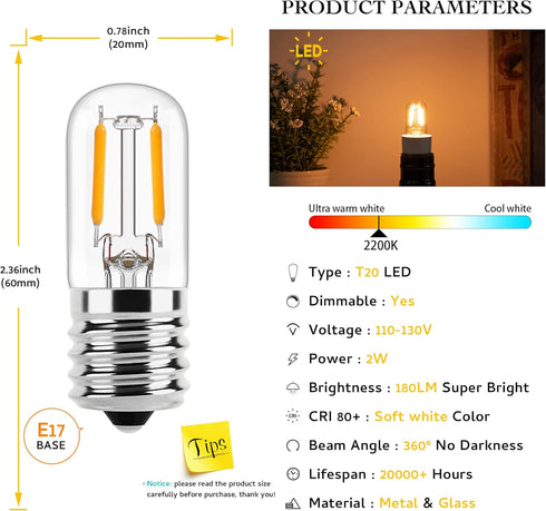 E17 Led Bulb Microwave Oven Light Bulbs for Appliance,Refrigerator,Range Hood E17/C9 Intermediate Base 2W Equivalent 15W 20W Incandescent,2W 180lm...