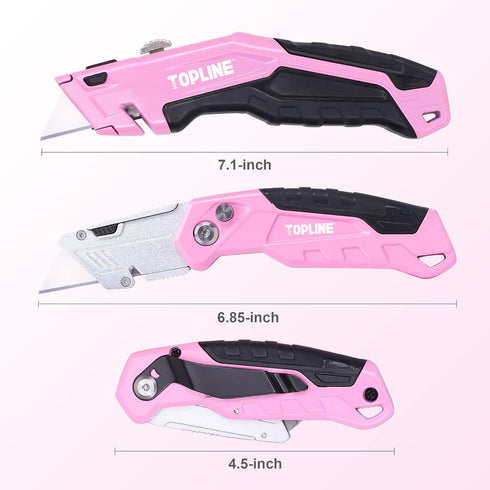 TOPLINE 2-Pack Pink Utility Knife Set, Retractable Pink Box Cutter and Pocket Folding Utility Knife, Blade Storage Design, 18-Piece SK5 Blades and...