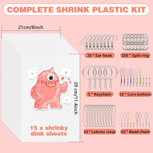 yyoemas 170 PCS Shrinky Dink Keychain Kit,Shrinky Dink Kit with 15 Shrinky Dink Sheets,Ear Hook,Bead Chain,Corn Buttons,Lobster Clasp,Split Ring a...