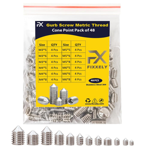 Cone Point Set Screws 48 Pcs (M3,M4,M5,M6) Hex Head - Metric 304 Stainless Steel Grub Screws Assorted Sizes Ideal for Home Repairs, Bathroom Fixtu...