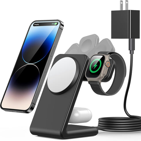 3 in 1 Magnetic Wireless Charging Station, Wireless Charger for Magsafe with PD 20W Adapter for iPhone 15 14 13 12/Pro/Pro Max/Plus/Mini, Apple Wa...