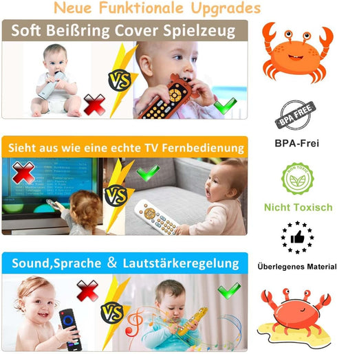Baby TV Remote Control Toy with Soft Silicone Cute Carb Cover, Musical Realistic Play Remote Toy with Light and Sound, 3 Language Educational Lear...
