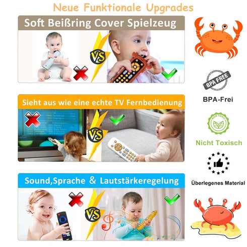 Baby TV Remote Control Toy with Soft Silicone Teether Cute Crab Cover, Musical Realistic Play Remote Toy with Light and Sound, 3 Language Educatio...