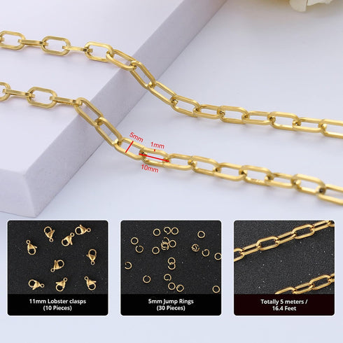 16.4 Feet Gold Plated Stainless Steel Chain Bulk Flat Paperclip Link Chains 5x10mm Jewelry Chain Roll with Jump Rings Lobster Clasps Oval Cable Ch...