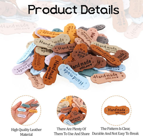 60Pcs Handmade Sewing Labels, PU Leather Labels Sewing Labels for Handmade Items with Hole DIY Sewing Lables for Embellishment Crochet Knitting Ha...