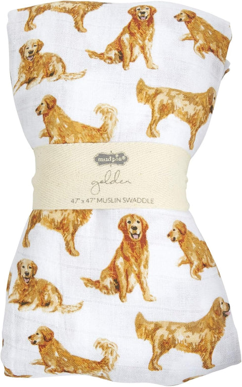 Mud Pie Golden Retriever Print Muslin Baby Swaddle Blanket, 47" x 47"...