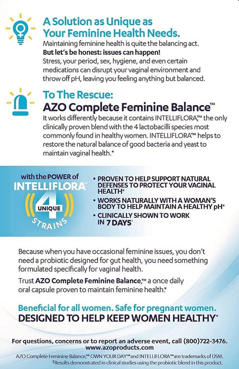 AZO Complete Feminine Balance Daily Probiotics for Women, Clinically Proven to Help Protect Vaginal Health, balance pH and yeast, Non-GMO, 30 Coun...