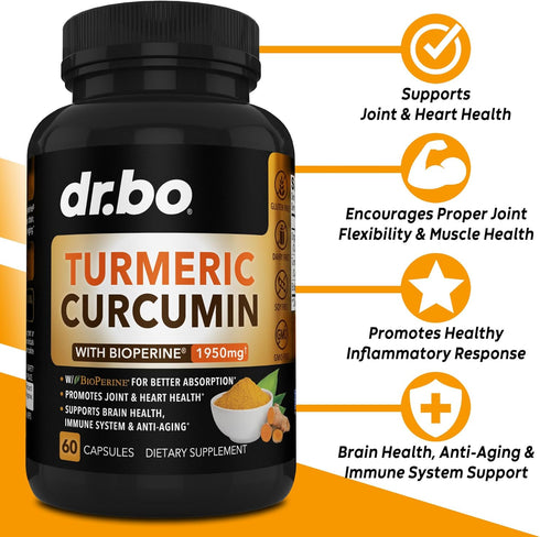 Turmeric Curcumin with BioPerine Supplement Capsules - Natural Joint Support Supplements with 1950mg Curcuma Longa Pure Organic Tumeric and Curcum...