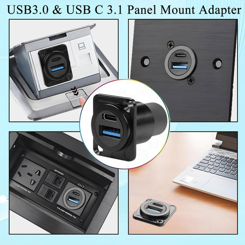 QIANRENON USB3.0 & USB C 3.1 Panel Mount Adapter USB3.0+USB Type C 3.1 Female to Female Fixed Mount Data Charging Connector USB A & USB C Feedthro...