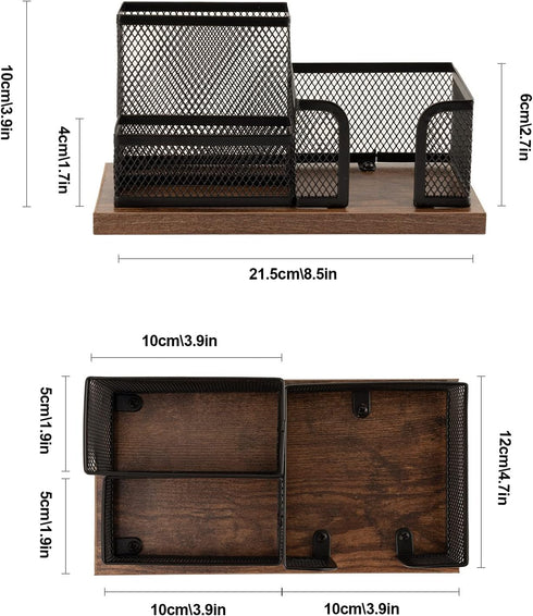 Antique Wood & Mesh Pen Holder Office Supplies Caddy, Storage Baskets for Desktop Accessorieswith Sticky Notes Holder,3 Compartments(2 Pack Black)...