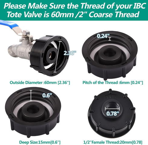 275-330 Gallon IBC Tote Tank Adapter (2 "coarse Thread), IBC Tote Adapter+304 Stainless Steel Garden Hose Valve (Lead-Free), IBC Tote Fittings, IB...
