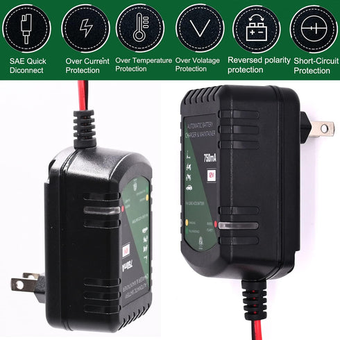 12 Volt Battery Charger 750mA Automatic Battery maintainer trickle Battery Charger Smart Float Charger for Automotive car Motorcycle Lawn Mower Bo...