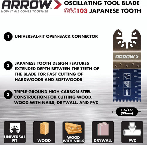 Arrow OSCELEC1-EK 4-Piece Oscillating Tool Accessory Kit for Drywall, PVC, Wood, Includes 2 Japanese Tooth Blades, 1 Standard Blade and 1 Titanium...
