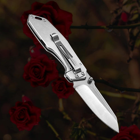 ALBATROSS 7" EDC Simple Practical Folding Knife Liner Lock Pocket Knife with 8Cr14MoV Steel Blade,Rose pattern Stainless steel Handle,Belt Clip an...